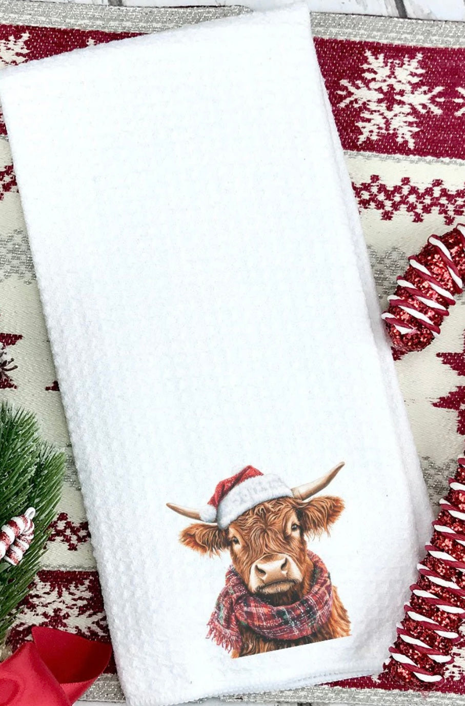 Santa Highland Cow Waffle Kitchen Towel