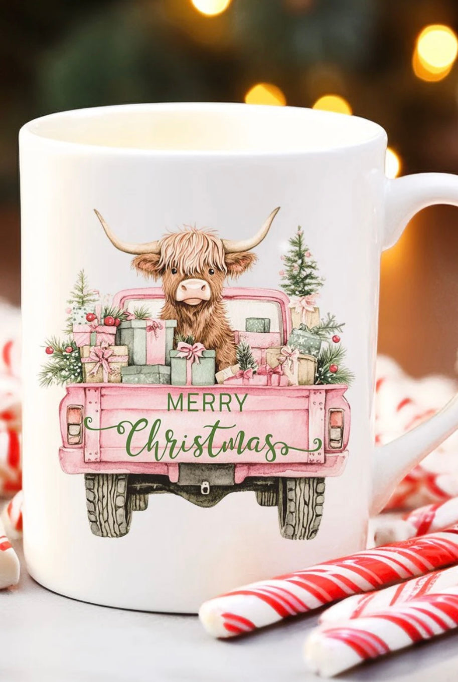 Pink Highland Cow Christmas Ceramic Mug